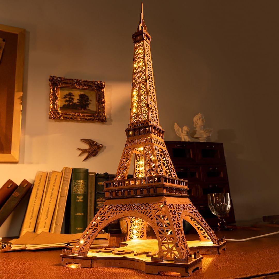 ROBOTIME TGL01 Eiffel Tower 3D Wooden Puzzle with LED Light – DIY Landmark Model Kit Gift for Kids &amp; Adults
