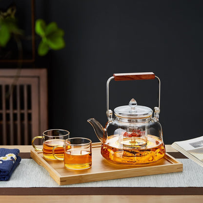 Pocaroty Heat-Resistant Glass Teapot 1060ml – Lotus Base Design, Wooden Handle, Integrated Tea Steamer, Direct Flame Safe