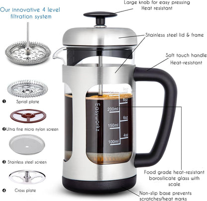 Easyworkz French Press Coffee &amp; Tea Maker – Stainless Steel Frame, Heat-Resistant Glass, Soft Grip Handle, 350ml (3 Cups), Silver