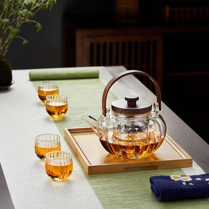Heat-Resistant Glass Pumpkin Teapot 940ml – Vertical Stripe Design with Tea Strainer &amp; Wooden Handle