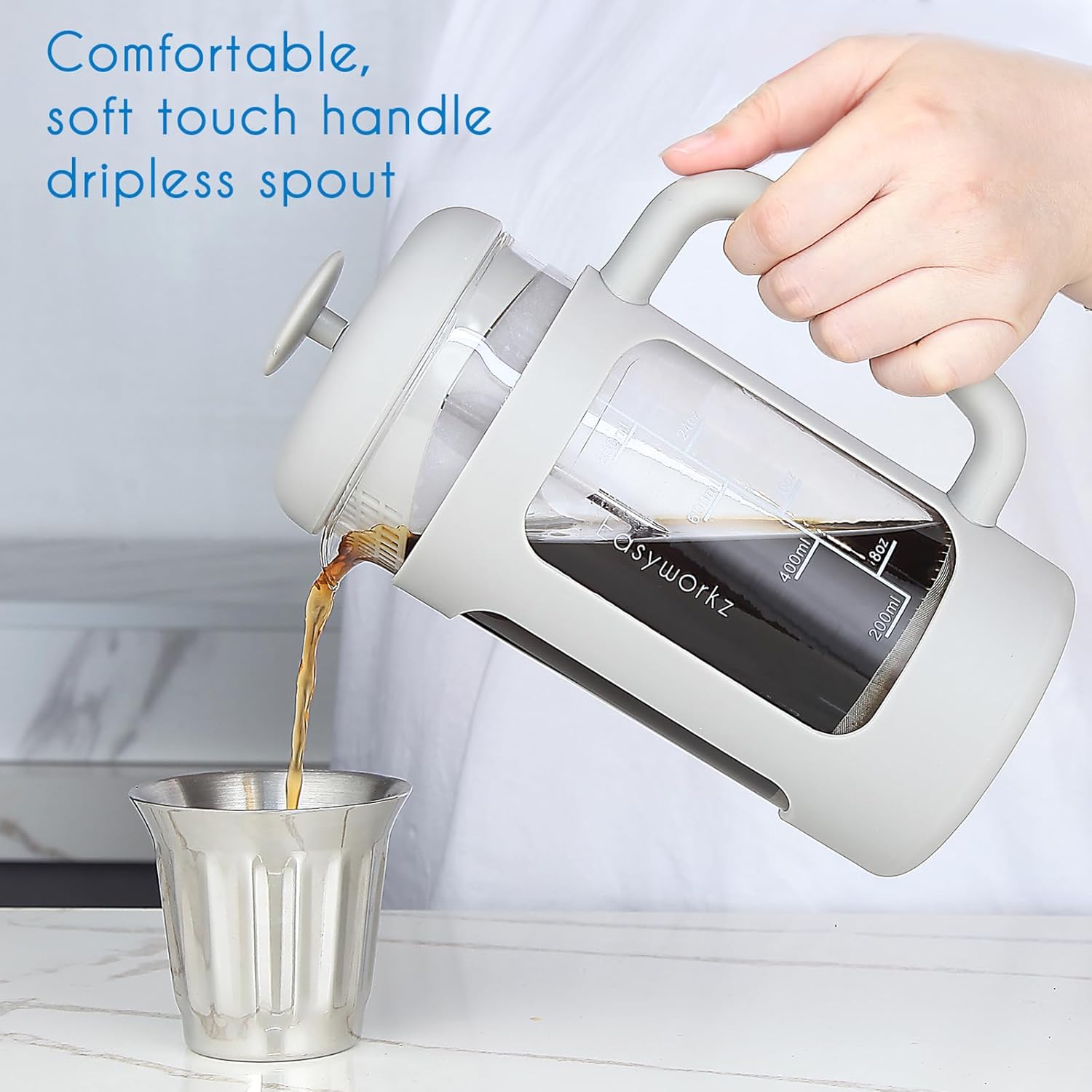 Easyworkz French Press Coffee &amp; Tea Maker – Heat-Resistant Glass, Soft Grip Handle, 1000ml (8 Cups), Light Grey
