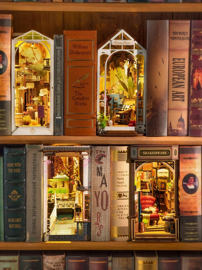 Rolife Bookstore Book Nook Kit | 3D Wooden Puzzle Miniature Shelf Decor with LED Light