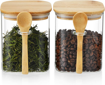 Airtight Glass Storage Canisters – 900ml Set of 2 with Bamboo Lids &amp; Spoons