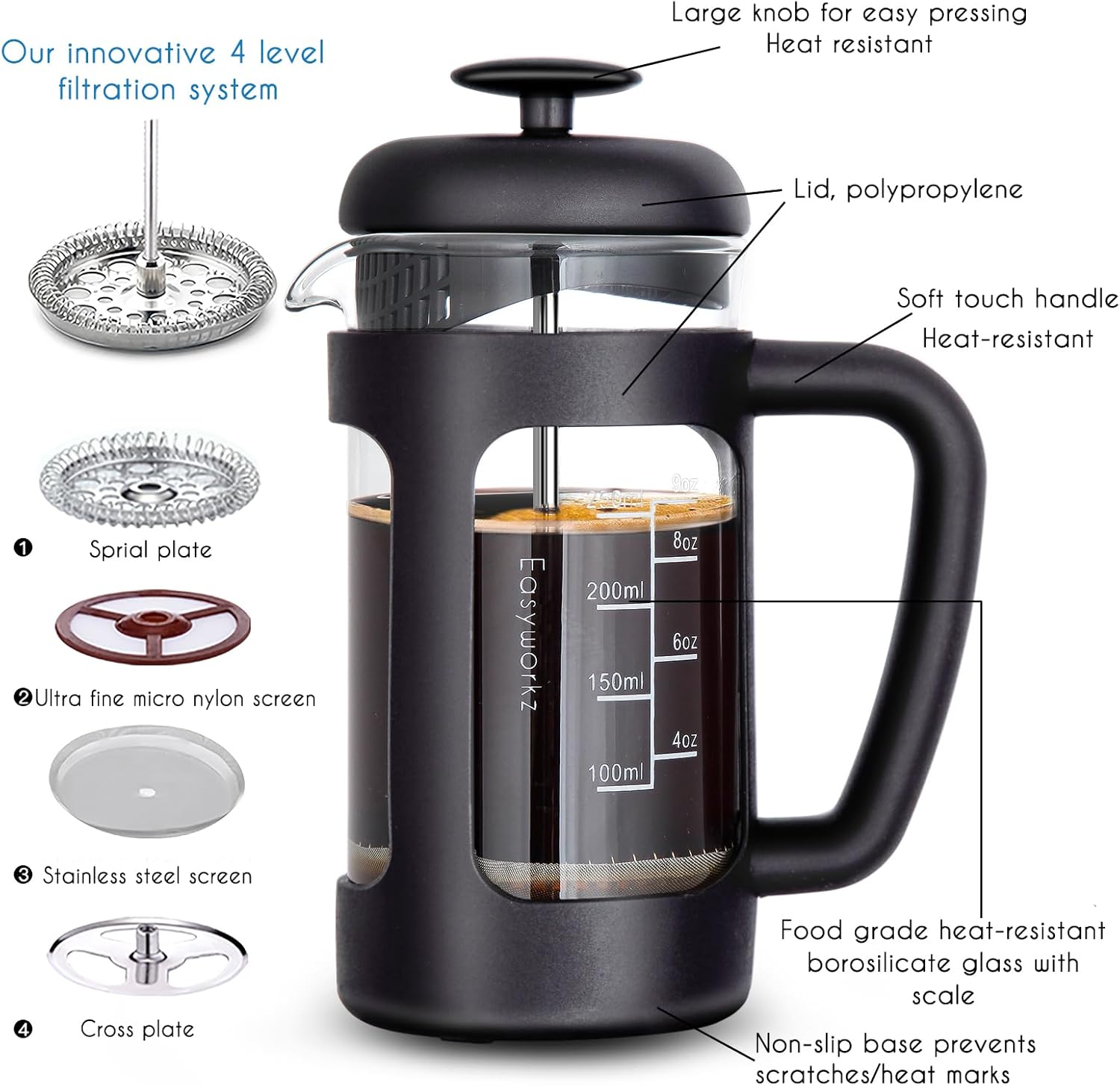 Easyworkz French Press Coffee &amp; Tea Maker – Heat-Resistant Glass, Soft Grip Handle, 350ml (3 Cups), Black