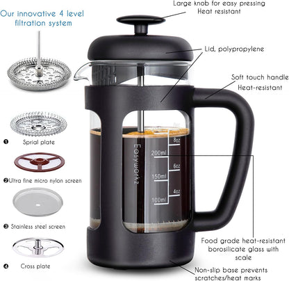 Easyworkz French Press Coffee &amp; Tea Maker – Heat-Resistant Glass, Soft Grip Handle, 350ml (3 Cups), Black