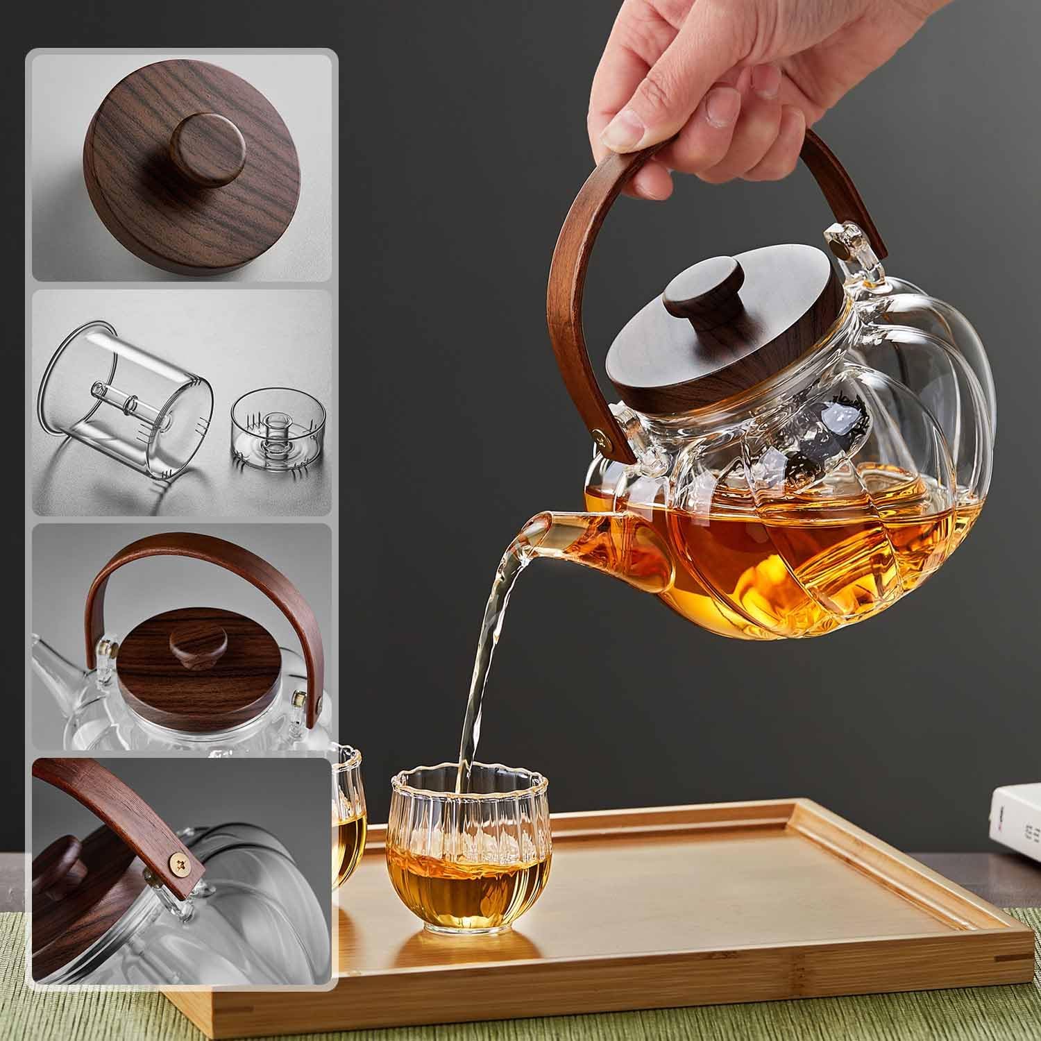 Heat-Resistant Glass Pumpkin Teapot 940ml – Vertical Stripe Design with Tea Strainer &amp; Wooden Handle