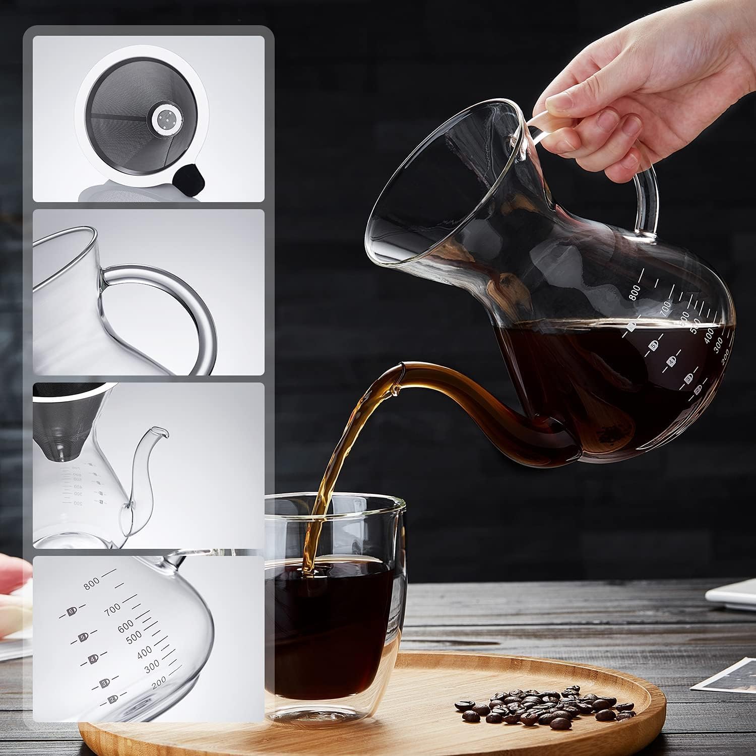Pokaloti Coffee Server – 1000ml Heat-Resistant Glass Drip Coffee Maker with Stainless Steel Filter