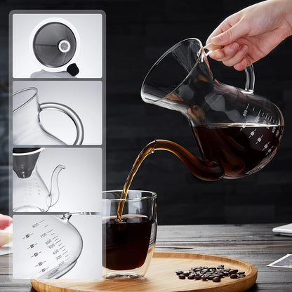 Pokaloti Coffee Server – 1000ml Heat-Resistant Glass Drip Coffee Maker with Stainless Steel Filter