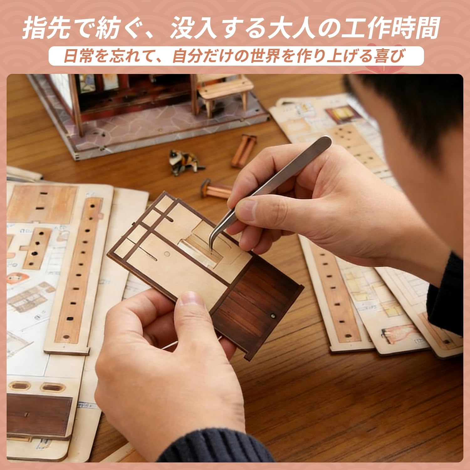 Japanese Style Cherry Blossom Tea House 3D Wooden Puzzle – DIY Miniature Dollhouse Kit with LED Light for Adults