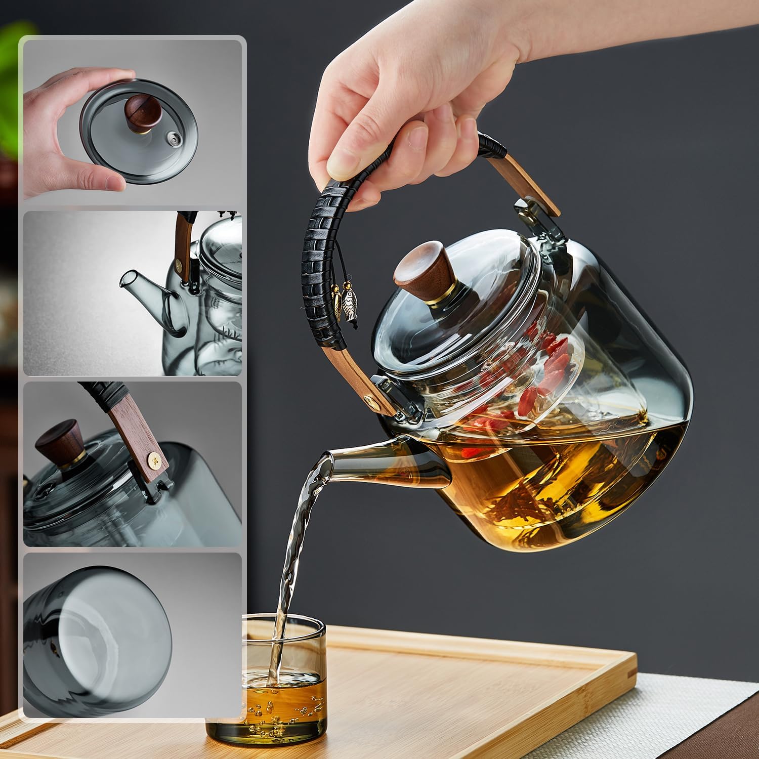 Pisces Heat-Resistant Glass Teapot 1090ml – Direct Fire Safe with Glass Strainer &amp; Bamboo Handle