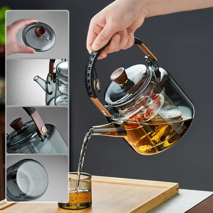 Pisces Heat-Resistant Glass Teapot 1090ml – Direct Fire Safe with Glass Strainer &amp; Bamboo Handle
