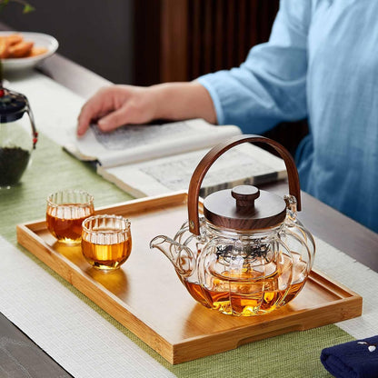 Heat-Resistant Glass Pumpkin Teapot 940ml – Vertical Stripe Design with Tea Strainer &amp; Wooden Handle
