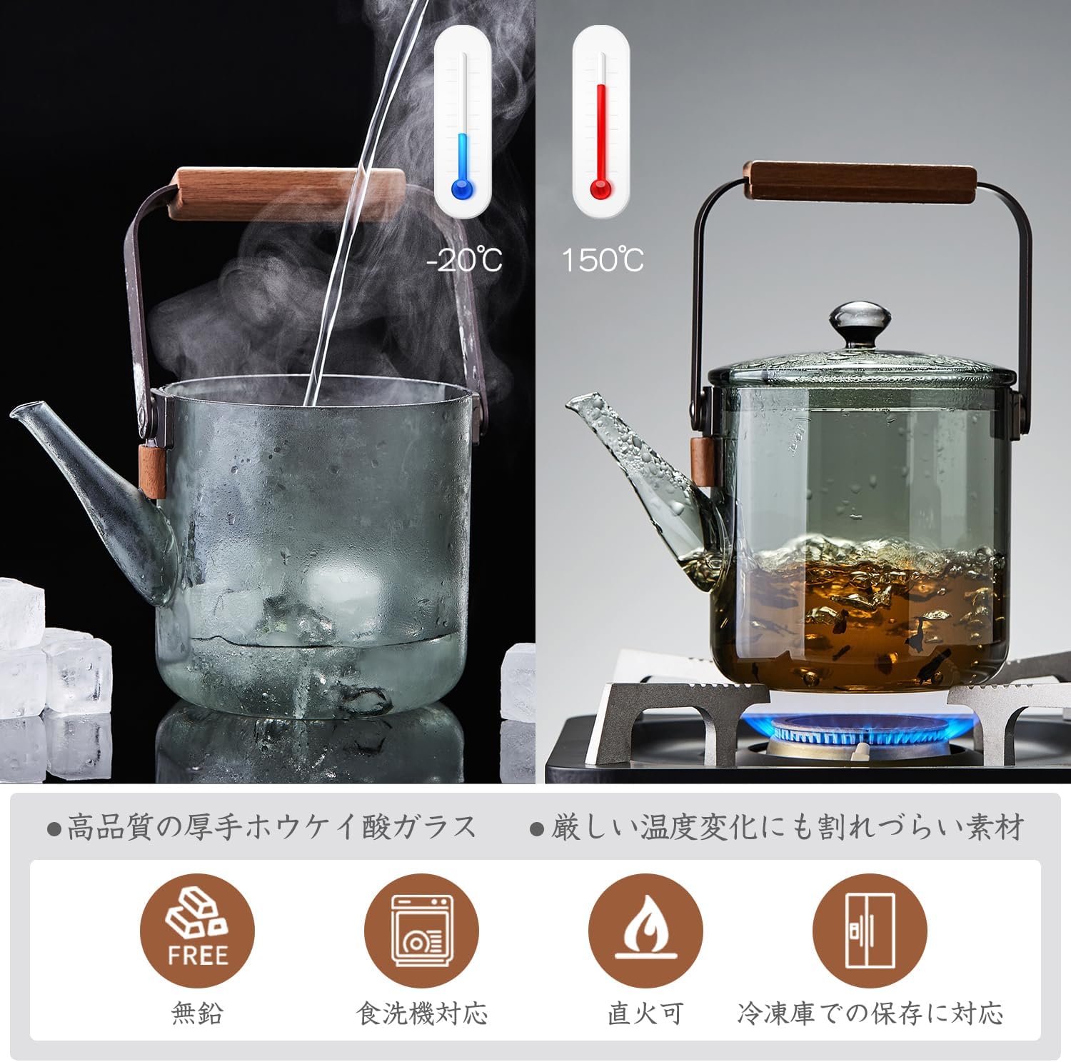 Heat-Resistant Glass Teapot 1100ml – Ink Design, Wooden Handle, Direct Fire Safe, Stylish Craft Tea Kettle