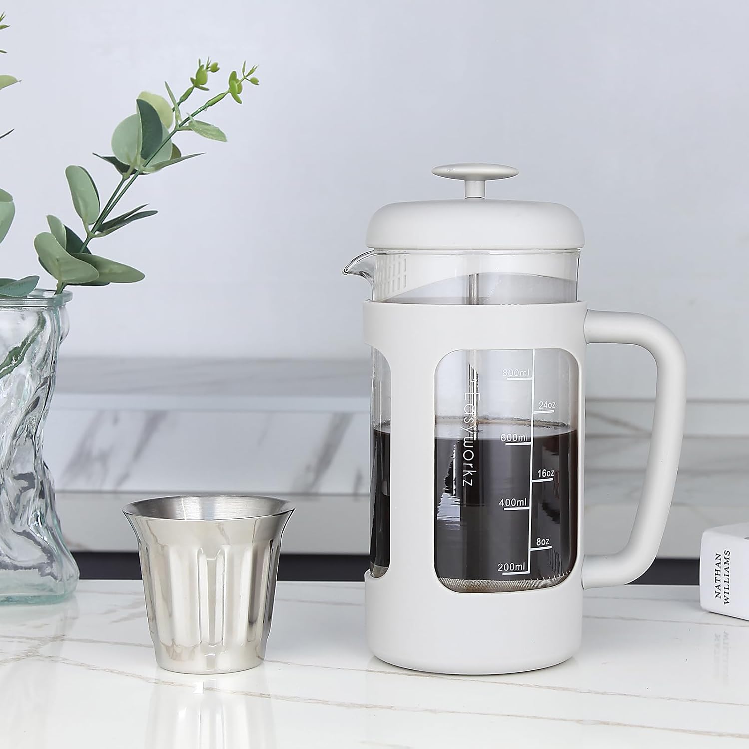 Easyworkz French Press Coffee &amp; Tea Maker – Heat-Resistant Glass, Soft Grip Handle, 1000ml (8 Cups), Light Grey