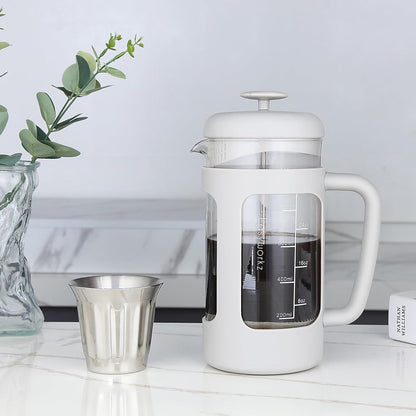 Easyworkz French Press Coffee &amp; Tea Maker – Heat-Resistant Glass, Soft Grip Handle, 1000ml (8 Cups), Light Grey