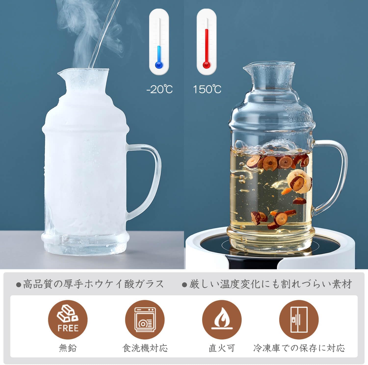 Pocalotea Heat-Resistant Glass Pitcher – 1100ml Water Carafe with Lid