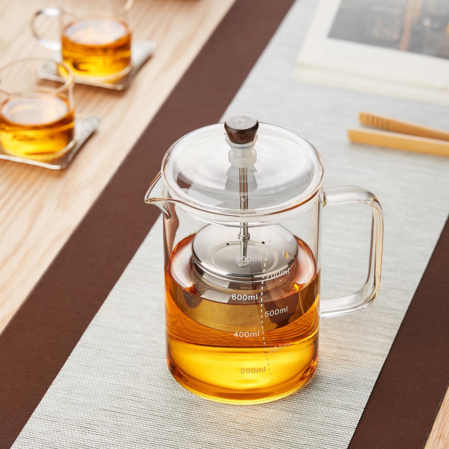 Pocarati Heat-Resistant Glass Tea Press 800ml – Stainless Steel Filter, Measuring Scale, Direct Flame Safe