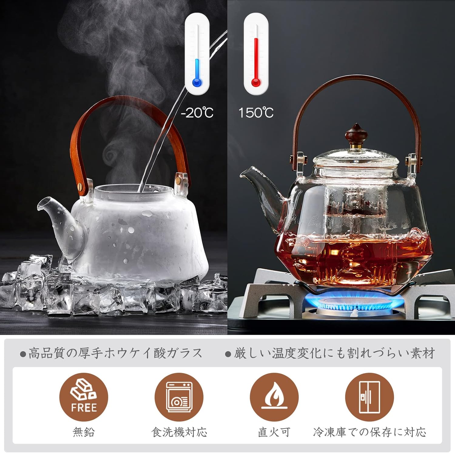 Pocarati Morning Glory Borosilicate Glass Teapot 1250ml – Heat Resistant, Direct Flame Safe with Wooden Handle &amp; Dual Tea Strainers
