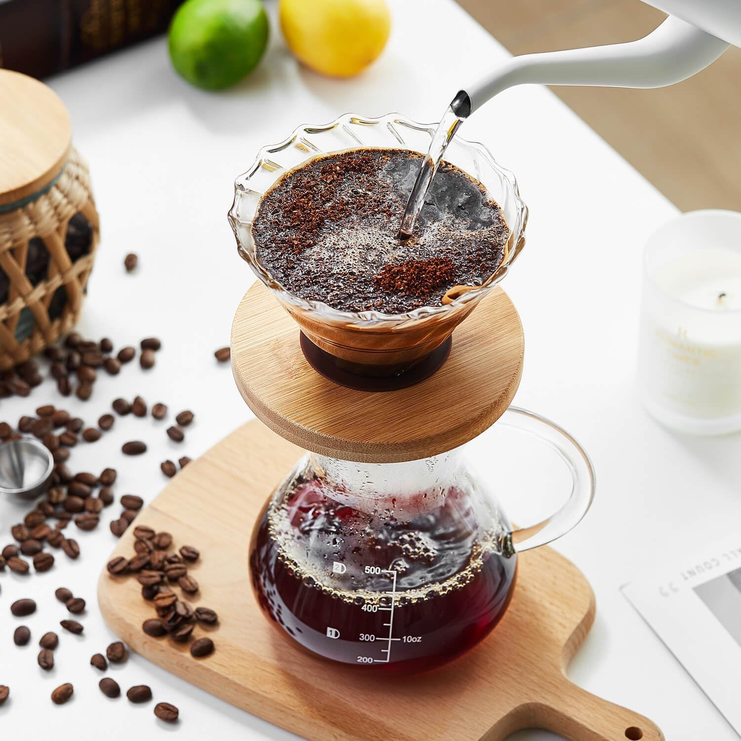 Heat-Resistant Glass Coffee Dripper – High-Clarity Tornado Pour Over Brewer with Bamboo Base