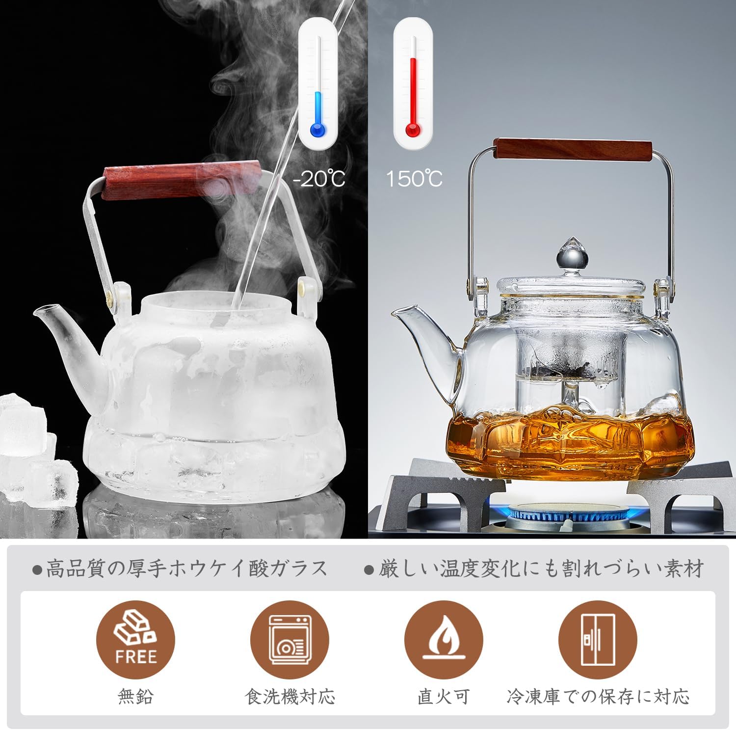 Pocaroty Heat-Resistant Glass Teapot 1060ml – Lotus Base Design, Wooden Handle, Integrated Tea Steamer, Direct Flame Safe