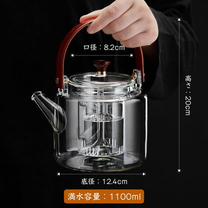 Pocaroty Heat-Resistant Glass Teapot 1100ml – Direct Fire Safe with Wooden Handle &amp; Dual Tea Strainers