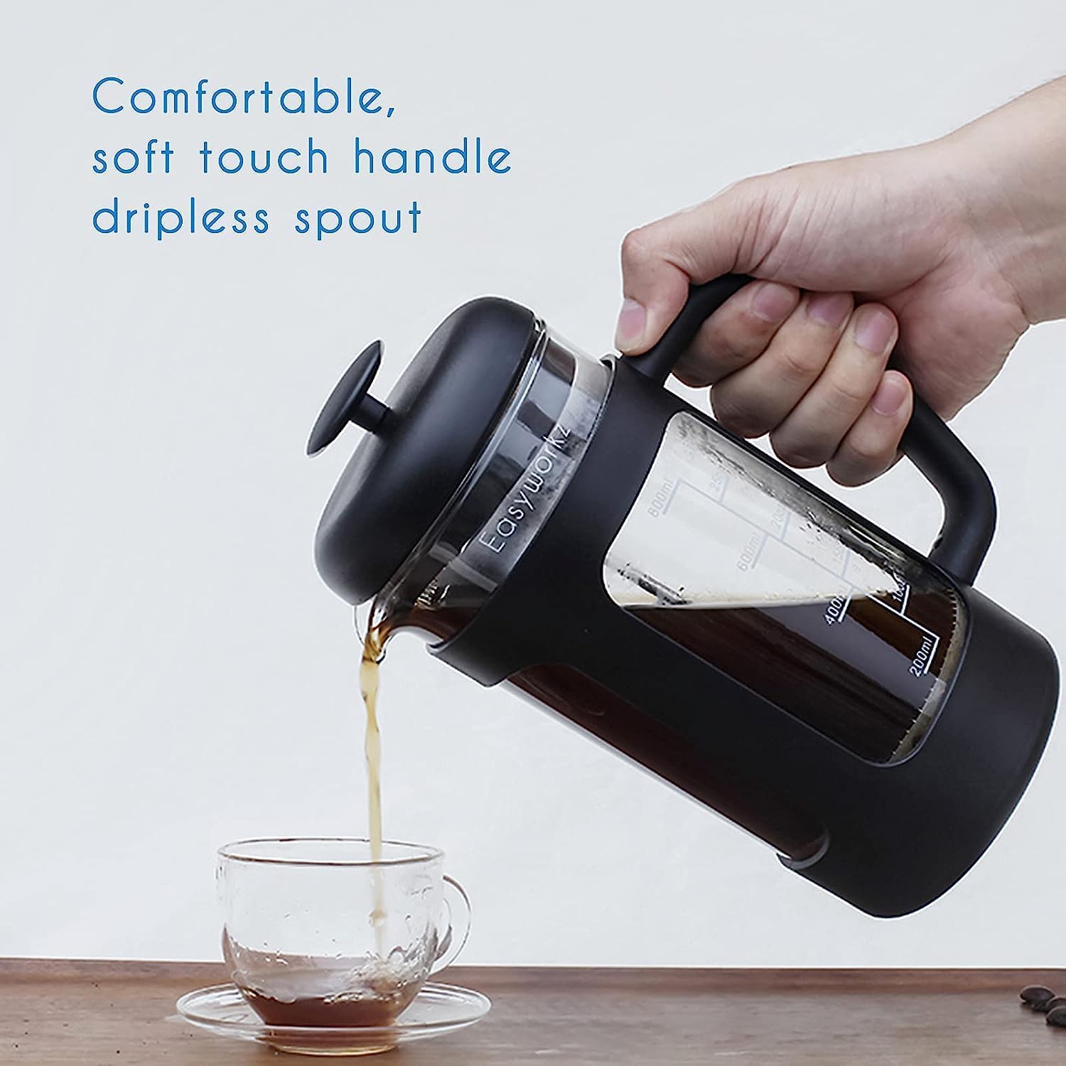 Easyworkz French Press Coffee &amp; Tea Maker – Heat-Resistant Glass, Soft Grip Handle, 350ml (3 Cups), Black