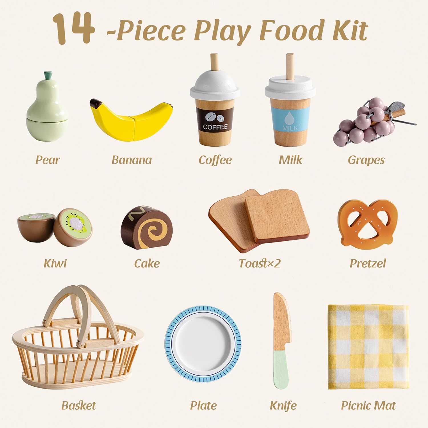 ROBOTIME Wooden Play Food Set with Picnic Basket – Pretend Kitchen Toy with Fruits, Desserts, Drinks &amp; Cookware for Kids Ages 3+