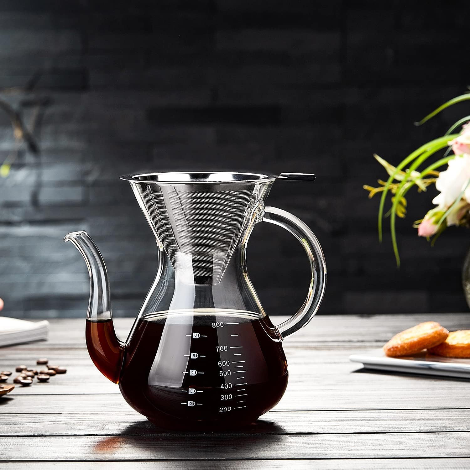 Pokaloti Coffee Server – 1000ml Heat-Resistant Glass Drip Coffee Maker with Stainless Steel Filter