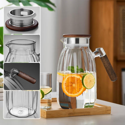 Pocarati Heat-Resistant Glass Pitcher – 1800ml Vertical Stripe Water Carafe with Handle &amp; Lid