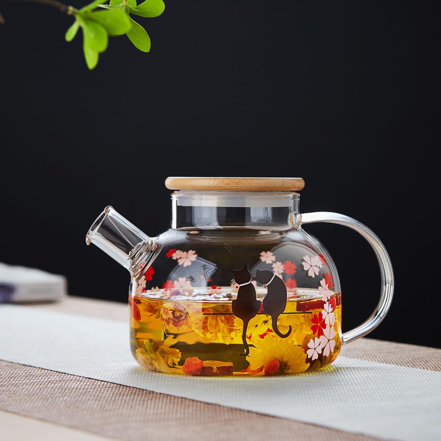 Pocarati Cherry Blossom Cat Glass Teapot 1000ml – Heat Resistant, Cute Round Design, Direct Flame Safe