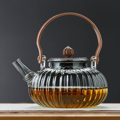 Heat-Resistant Glass Teapot 920ml – Pumpkin Design with Wooden Handle &amp; Tea Strainer