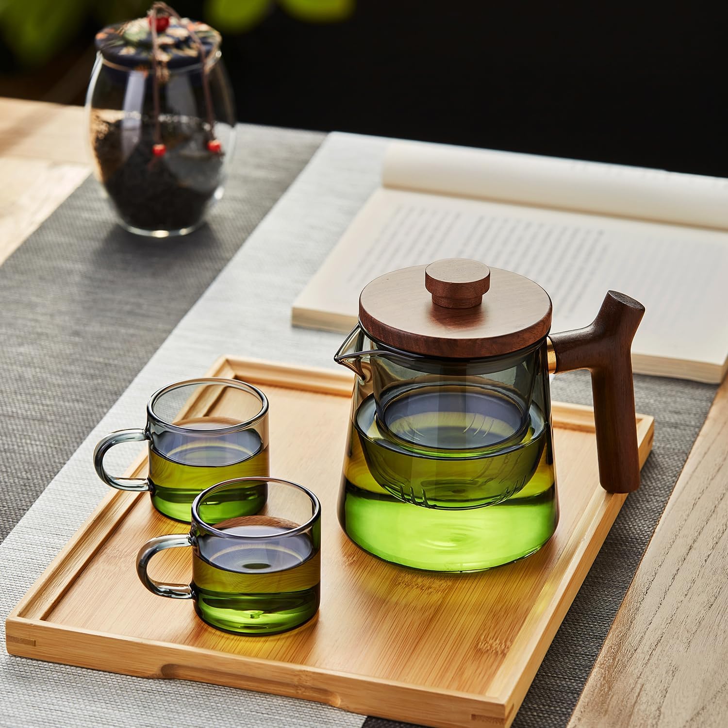 Heat-Resistant Glass Teapot 560ml – Ink Color Design, Wooden Handle &amp; Lid, Glass Strainer