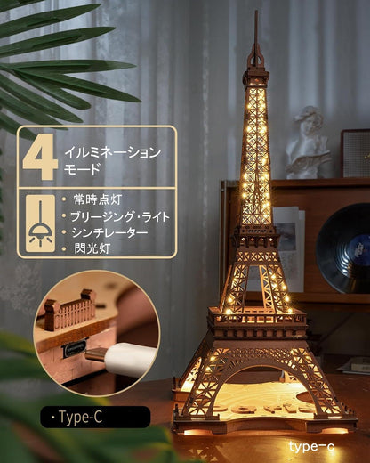 Rolife Luminous Eiffel Tower 3D Wooden Puzzle | LED Decorative Craft Kit for Adults