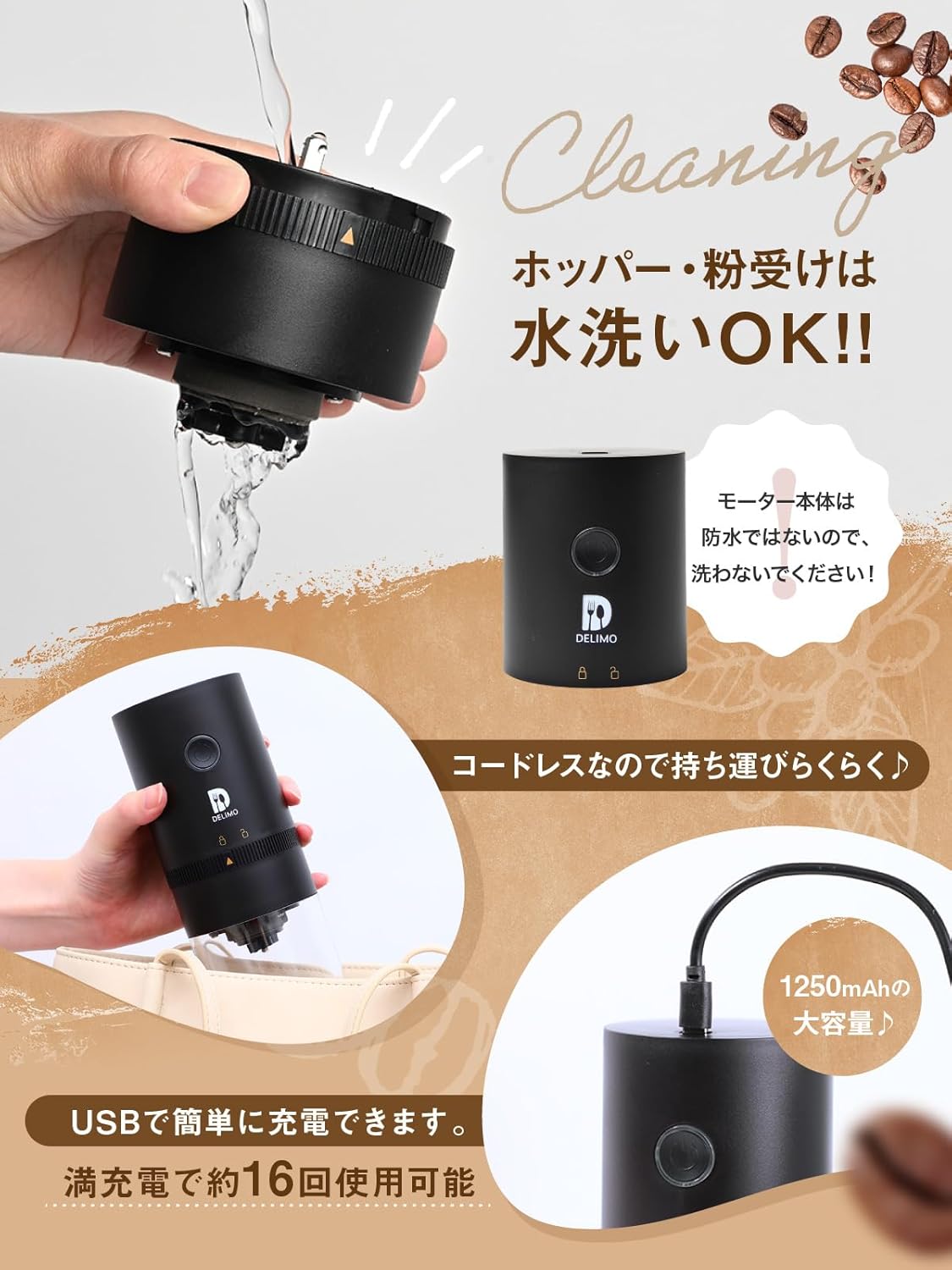 Delimo Cordless Electric Coffee Grinder – USB Rechargeable, Washable Mortar-Style Grinder for Coffee Beans, Spices &amp; Herbs