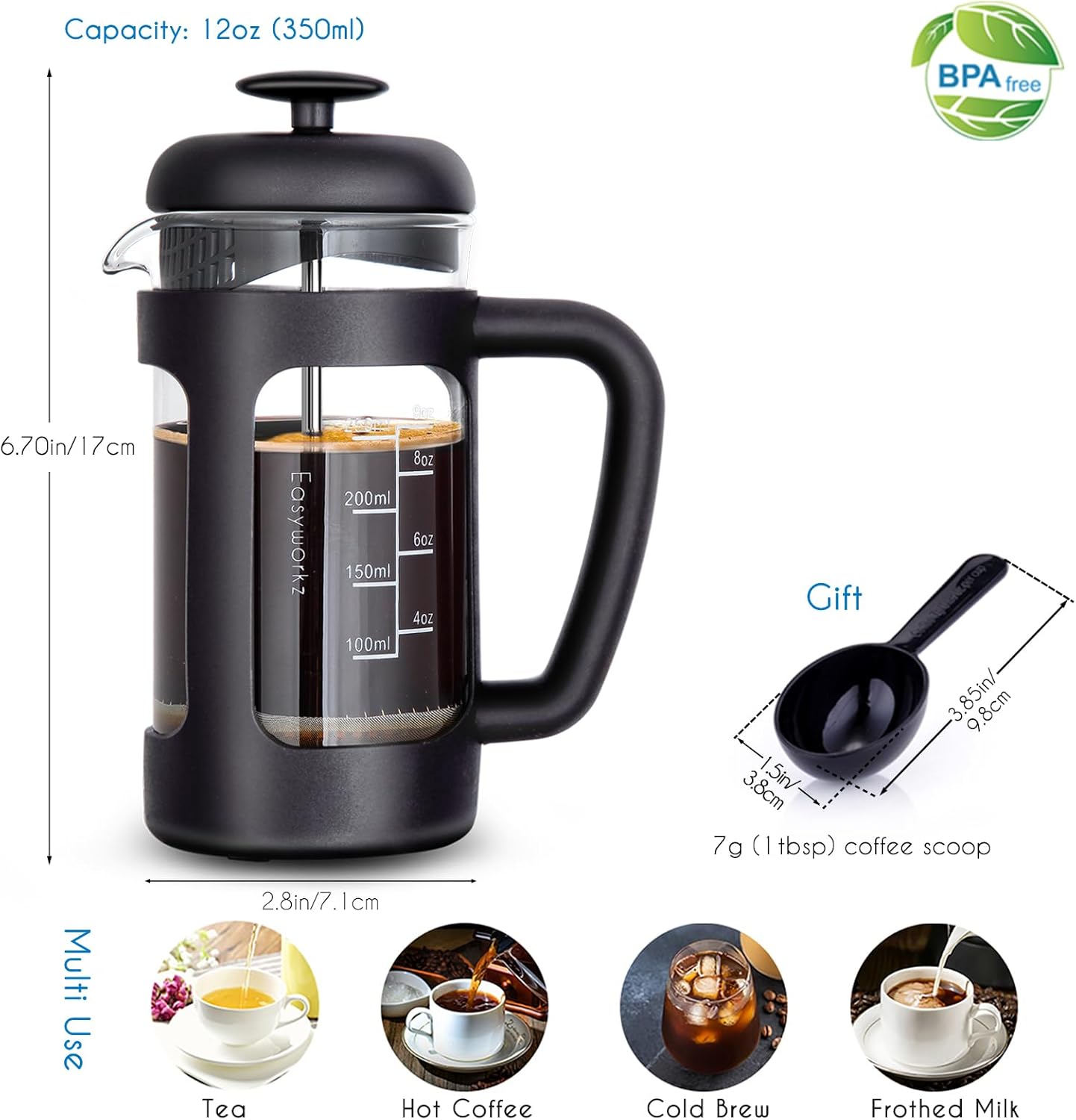 Easyworkz French Press Coffee &amp; Tea Maker – Heat-Resistant Glass, Soft Grip Handle, 350ml (3 Cups), Black