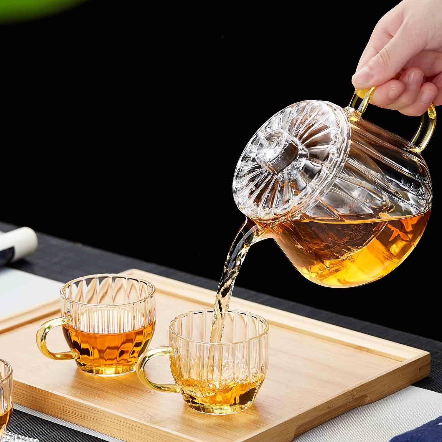 Melon Heat-Resistant Glass Teapot 600ml – Microwave Safe with Tea Strainer, Lid &amp; Wooden Knob