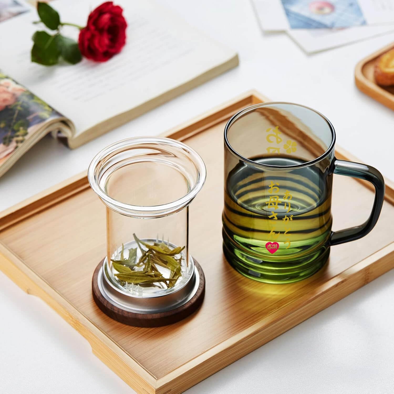Pocaroty Heat-Resistant Glass Tea Mug – 430ml with Infuser &amp; Wooden Lid