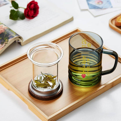 Pocaroty Heat-Resistant Glass Tea Mug – 430ml with Infuser &amp; Wooden Lid