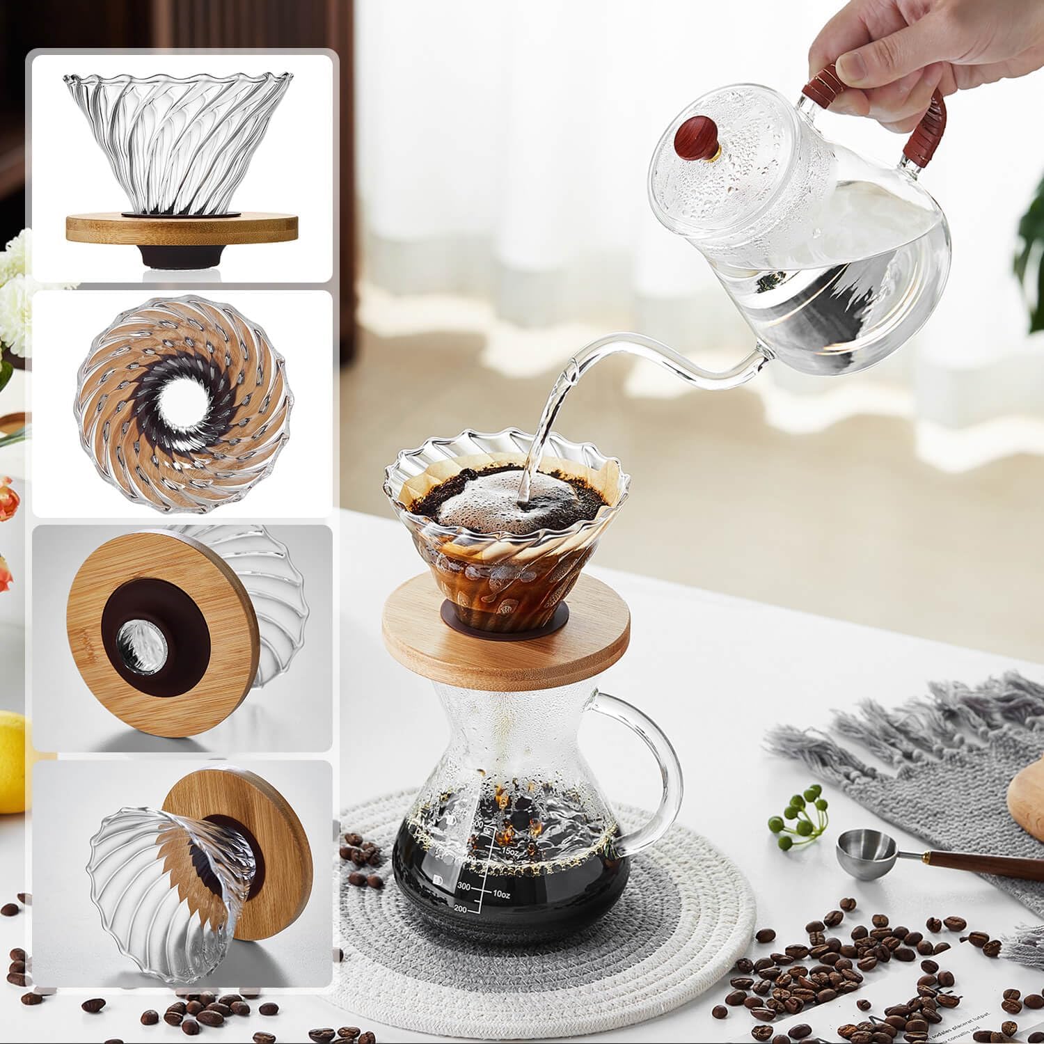 Heat-Resistant Glass Coffee Dripper – High-Clarity Tornado Pour Over Brewer with Bamboo Base