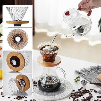 Heat-Resistant Glass Coffee Dripper – High-Clarity Tornado Pour Over Brewer with Bamboo Base