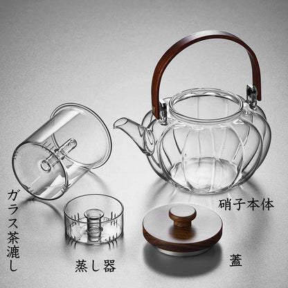 Heat-Resistant Glass Pumpkin Teapot 940ml – Vertical Stripe Design with Tea Strainer &amp; Wooden Handle