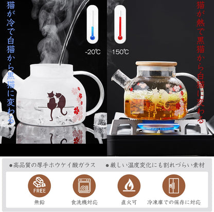 Pocarati Cherry Blossom Cat Glass Teapot 1000ml – Heat Resistant, Cute Round Design, Direct Flame Safe