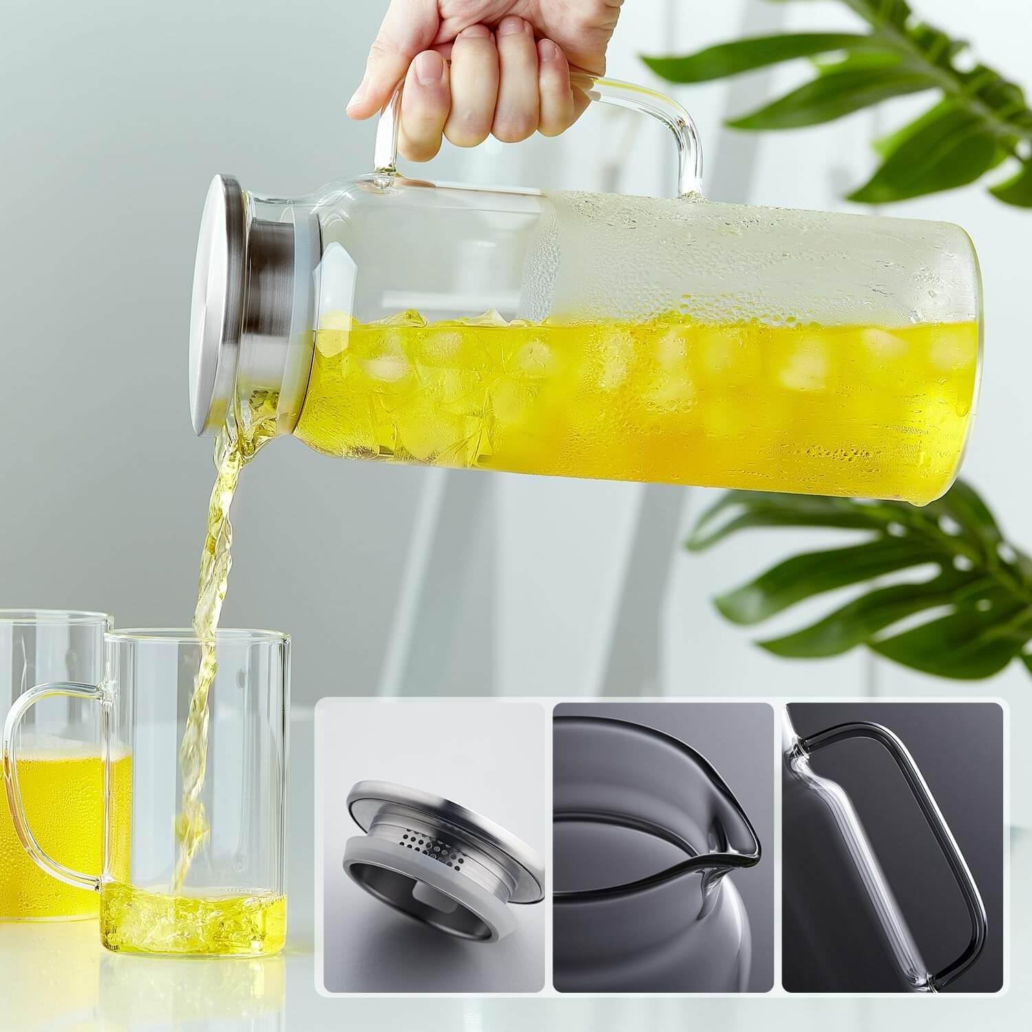 Pocaroty Heat-Resistant Glass Pitcher – 1250ml Large Capacity Water Carafe with Lid