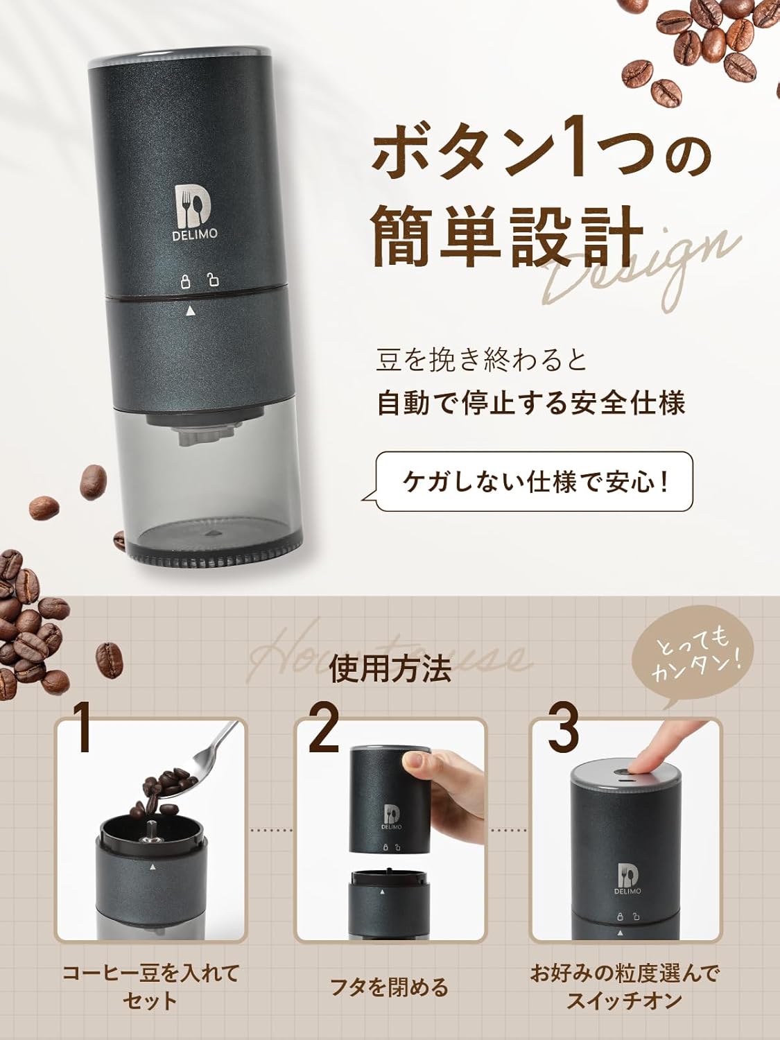 Delimo Cordless Burr Coffee Grinder – USB Rechargeable Conical Stainless Steel Mill for Espresso, Washable, One-Year Warranty
