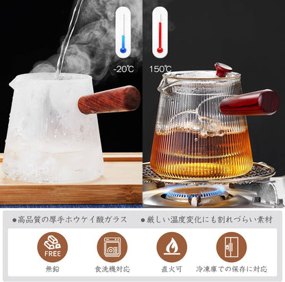 Pokaloti Heat-Resistant Glass Teapot 800ml – Wooden Handle, Transparent Infuser, Open Flame Safe