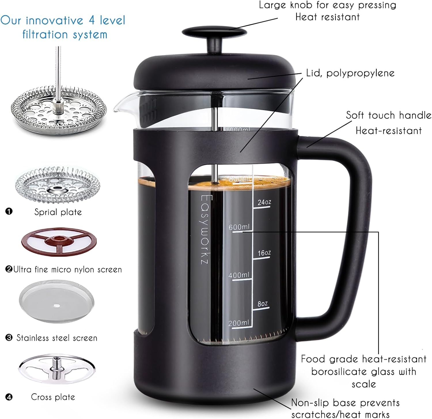 Easyworkz French Press Coffee &amp; Tea Maker – Heat-Resistant Glass, Soft Grip Handle, 1000ml (8 Cups), Black