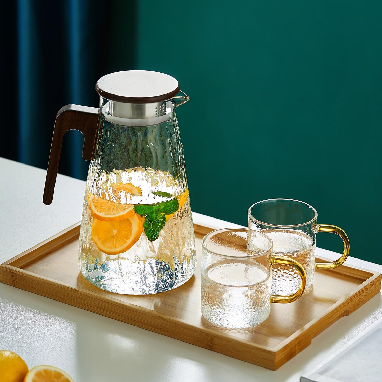 Pocalotea Heat-Resistant Glass Tea Pitcher – 1750ml Large Capacity Carafe with Wooden Handle