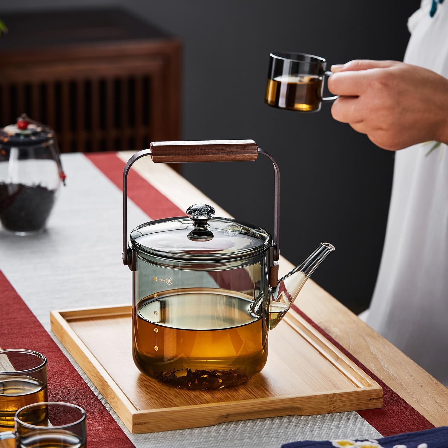 Heat-Resistant Glass Teapot 1100ml – Ink Design, Wooden Handle, Direct Fire Safe, Stylish Craft Tea Kettle