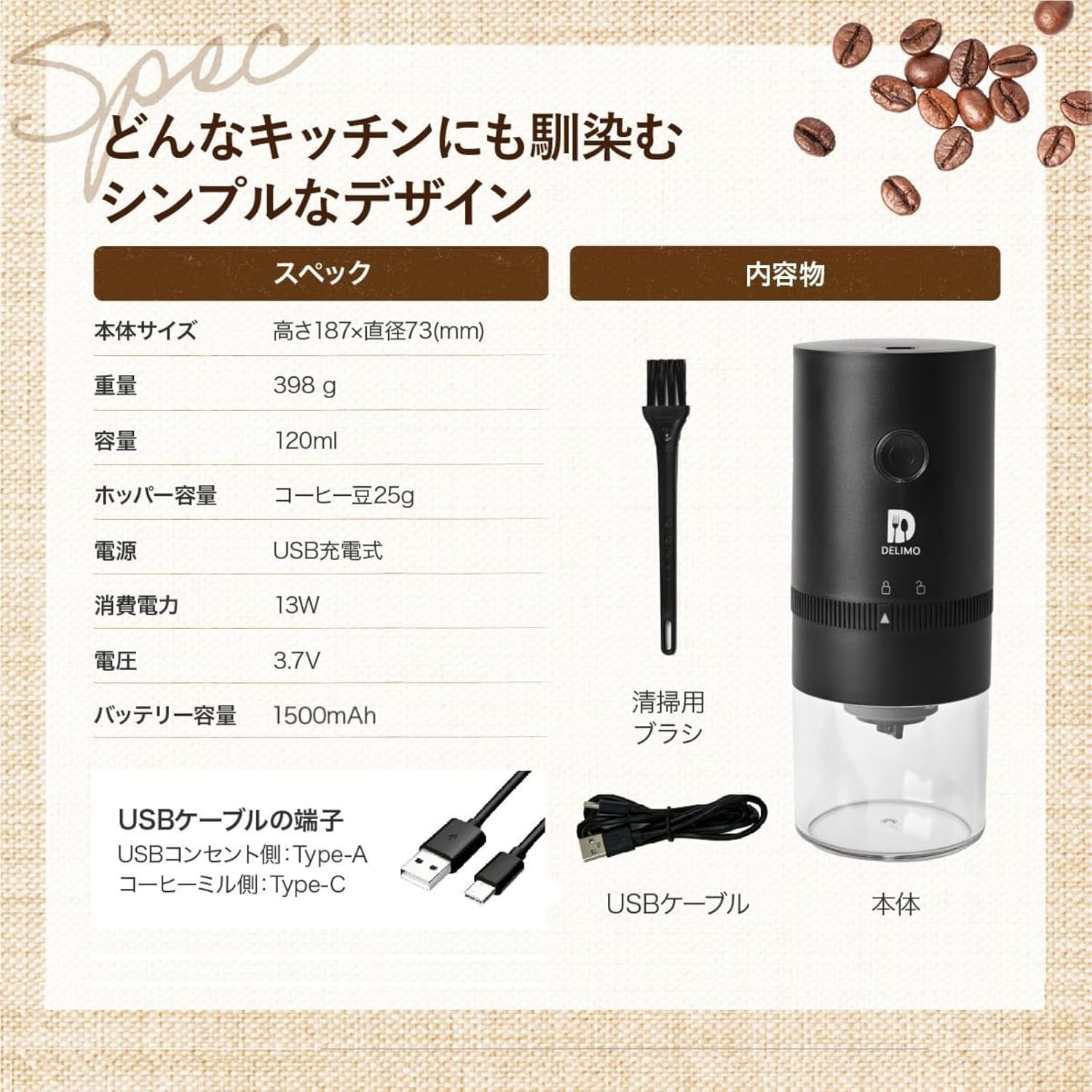 Delimo Cordless Electric Coffee Grinder – USB Rechargeable, Washable Mortar-Style Grinder for Coffee Beans, Spices &amp; Herbs