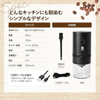 Delimo Cordless Electric Coffee Grinder – USB Rechargeable, Washable Mortar-Style Grinder for Coffee Beans, Spices &amp; Herbs